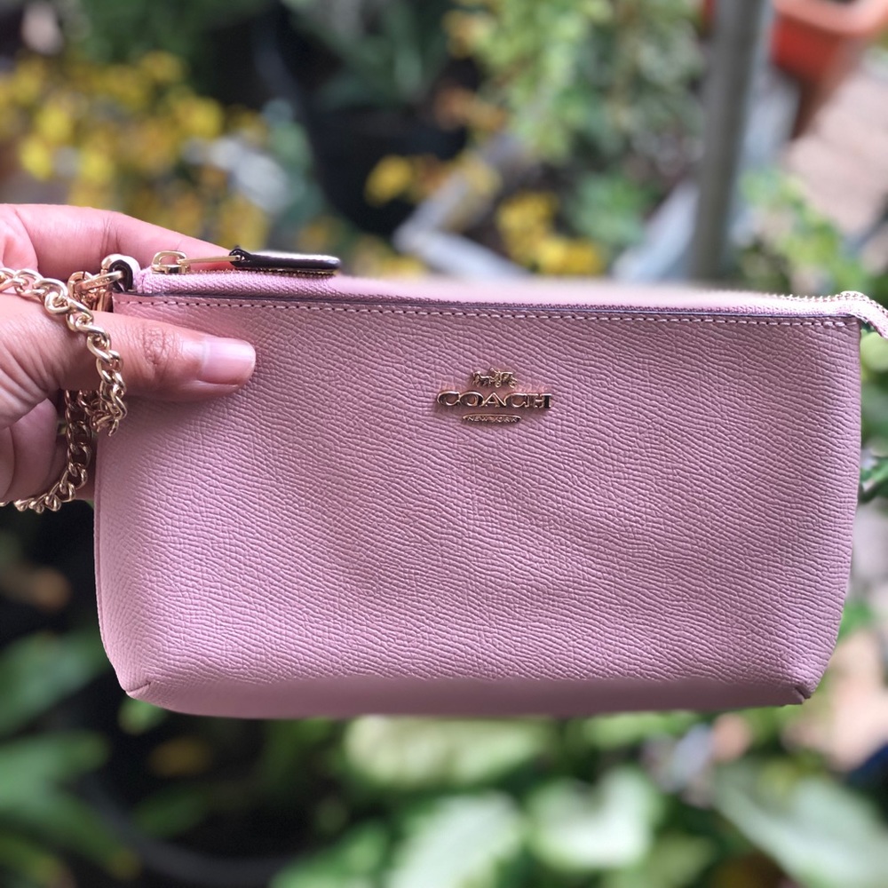Large Coach Rose Pink Wristlet with gold chain